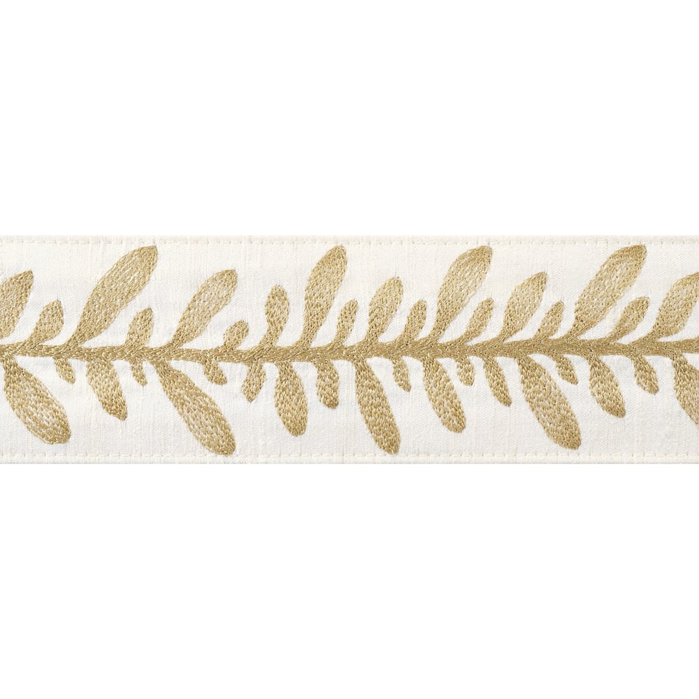 Calathea Tape Soft Gold AE12327 by Thibaut Trim Thibaut Trim Calathea Tape Soft Gold AE12327Trim ISLANDER 90% Silk, 10% Viscose U.S.A </p><p>Repeat: H: , V: 2.75 in  (6.99 cm) - Fabric Carolina -