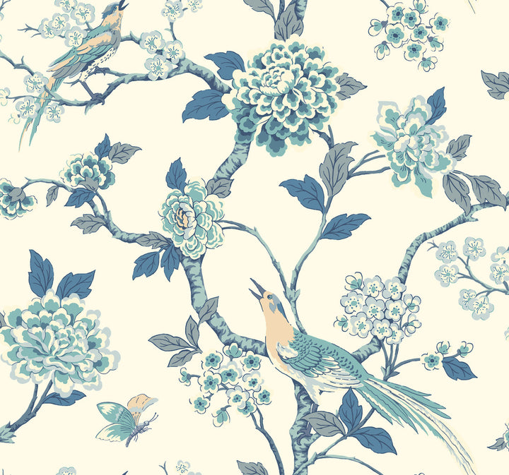 Fanciful Blue & White Wallpaper by Ashford House Ashford Toiles Covers about 60.8 square feet 27-in by 27-ft long roll Prepasted 25.25 - Fabric Carolina -