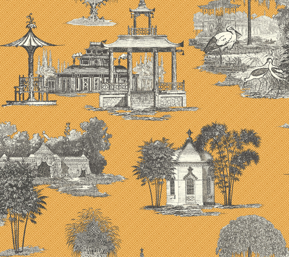 Mandarin Yellow Wallpaper by Ashford House Ashford Toiles Covers about 60.8 square feet 27-in by 27-ft long roll Prepasted 24 - Fabric Carolina -
