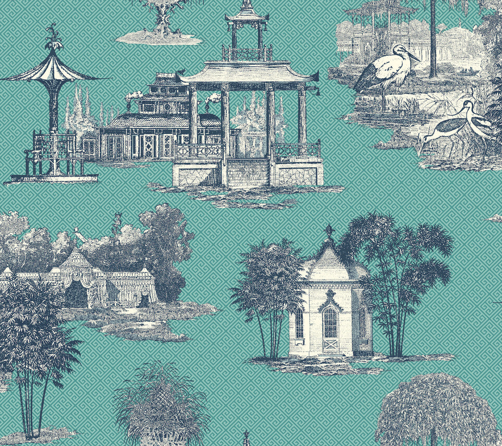 Mandarin Blue & White Wallpaper by Ashford House Ashford Toiles Covers about 60.8 square feet 27-in by 27-ft long roll Prepasted 24 - Fabric Carolina -