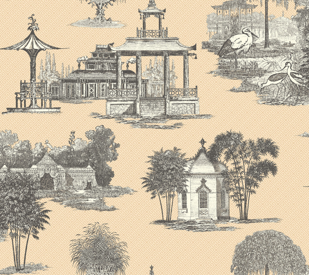 Mandarin Beige & Black Wallpaper by Ashford House Ashford Toiles Covers about 60.8 square feet 27-in by 27-ft long roll Prepasted 24 - Fabric Carolina -