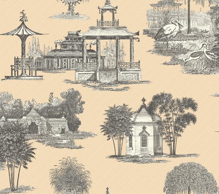 Mandarin Beige & Black Wallpaper by Ashford House Ashford Toiles Covers about 60.8 square feet 27-in by 27-ft long roll Prepasted 24 - Fabric Carolina -