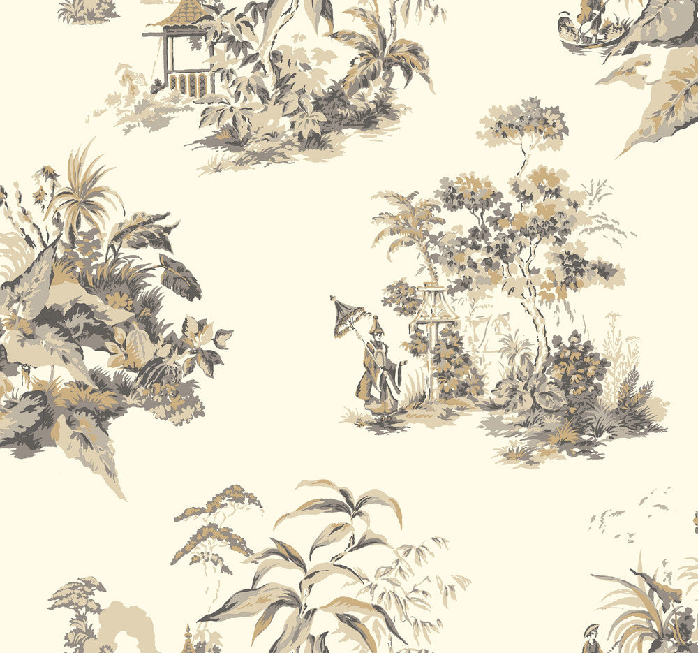 Oriental Scenic Gold & Grey Metallic Wallpaper by Ashford House Ashford Toiles Covers about 60.8 square feet 27-in by 27-ft long roll Prepasted 25.25 - Fabric Carolina -