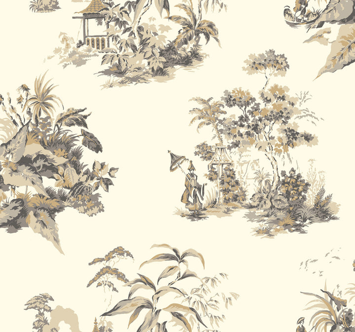 Oriental Scenic Gold & Grey Metallic Wallpaper by Ashford House Ashford Toiles Covers about 60.8 square feet 27-in by 27-ft long roll Prepasted 25.25 - Fabric Carolina -