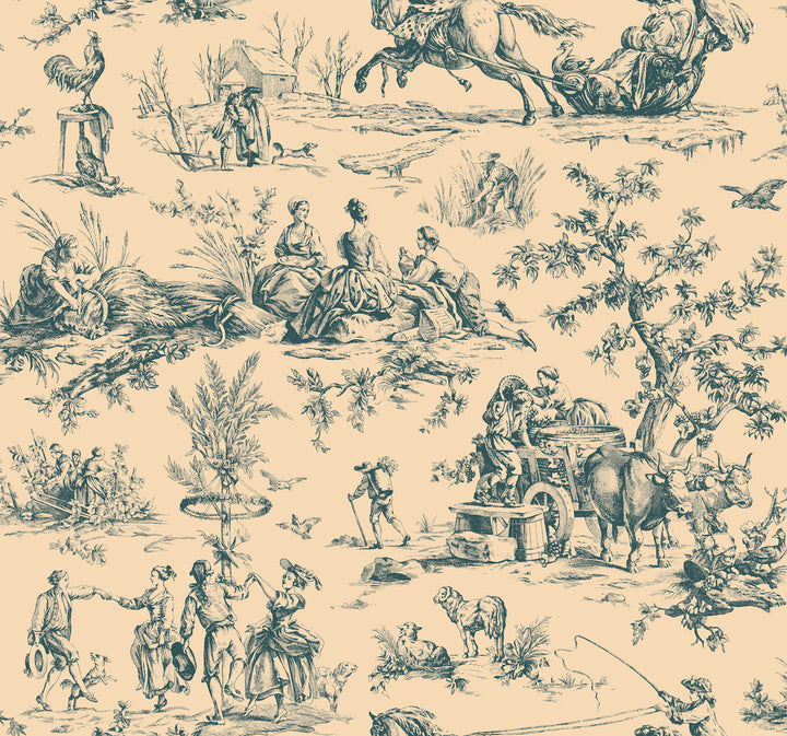 Seasons Toile Blue & Tan Wallpaper by Ashford House Ashford Toiles Covers about 60.8 square feet 27-in by 27-ft long roll Prepasted 25.25 - Fabric Carolina -