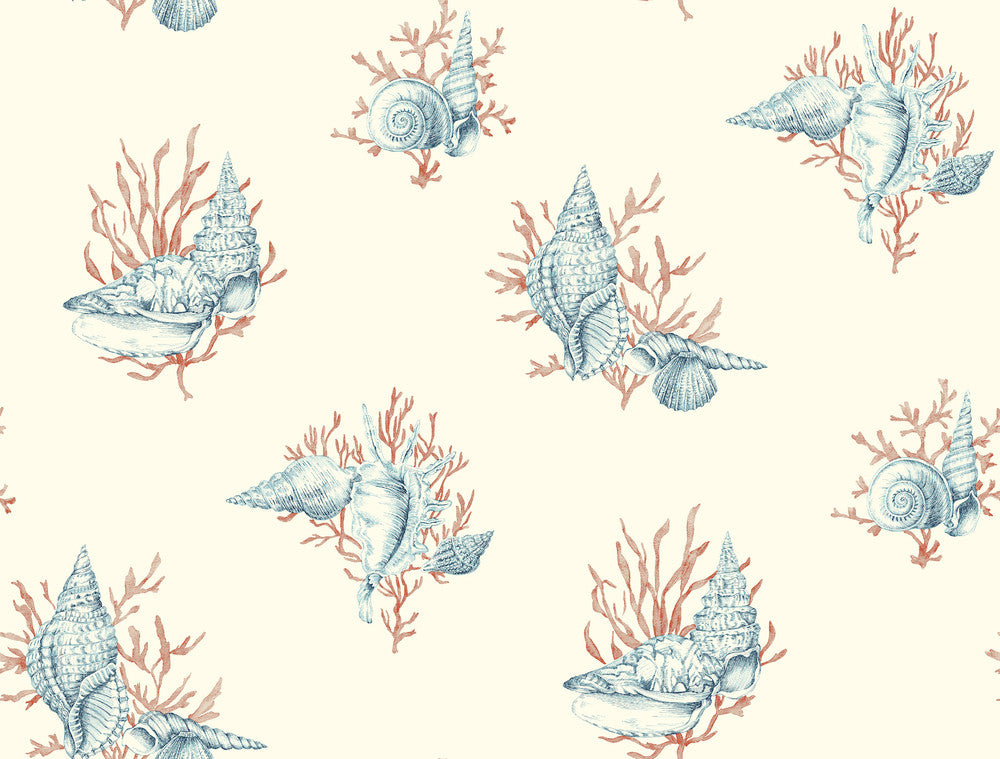 Shell Toile Orange & Blue Wallpaper by Ashford House Ashford Toiles Covers about 60.8 square feet 27-in by 27-ft long roll Prepasted 20.5 - Fabric Carolina -
