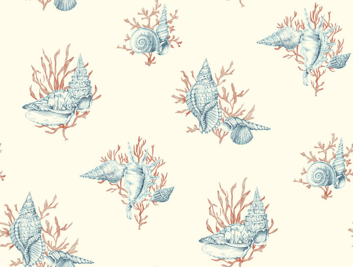 Shell Toile Orange & Blue Wallpaper by Ashford House Ashford Toiles Covers about 60.8 square feet 27-in by 27-ft long roll Prepasted 20.5 - Fabric Carolina -