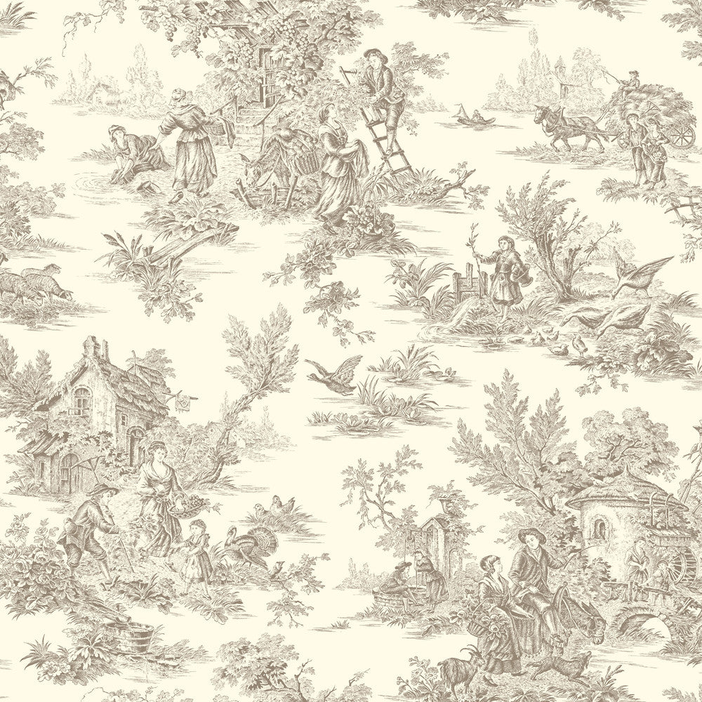 Champagne Brown & White Wallpaper by York Wallcoverings Ashford Toiles Covers about 56.4 square feet 20.5-in by 33-ft long roll Prepasted 20.5 - Fabric Carolina -