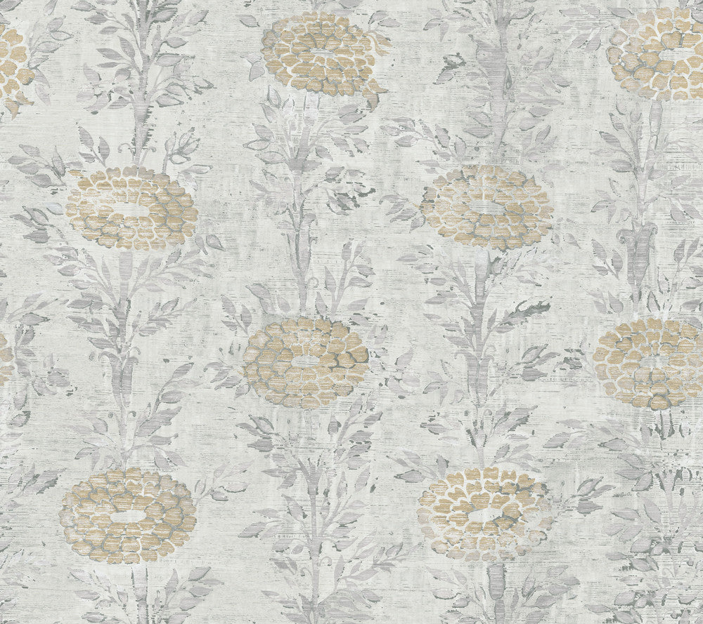French Marigold Gold & White Wallpaper by Ronald Redding Tea Garden Covers about 60.8 square feet 27-in by 27-ft long roll Unpasted 24 - Fabric Carolina -