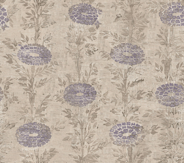 French Marigold Tan & Purple Wallpaper by Ronald Redding Tea Garden Covers about 60.8 square feet 27-in by 27-ft long roll Unpasted 24 - Fabric Carolina -