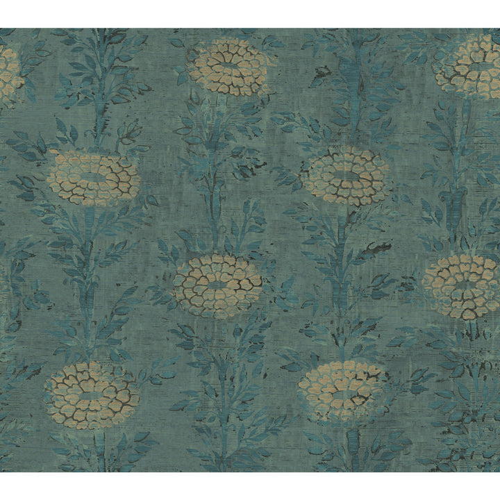 French Marigold Teal & Gold Wallpaper by Ronald Redding Tea Garden Covers about 60.8 square feet 27-in by 27-ft long roll Unpasted 24 - Fabric Carolina -