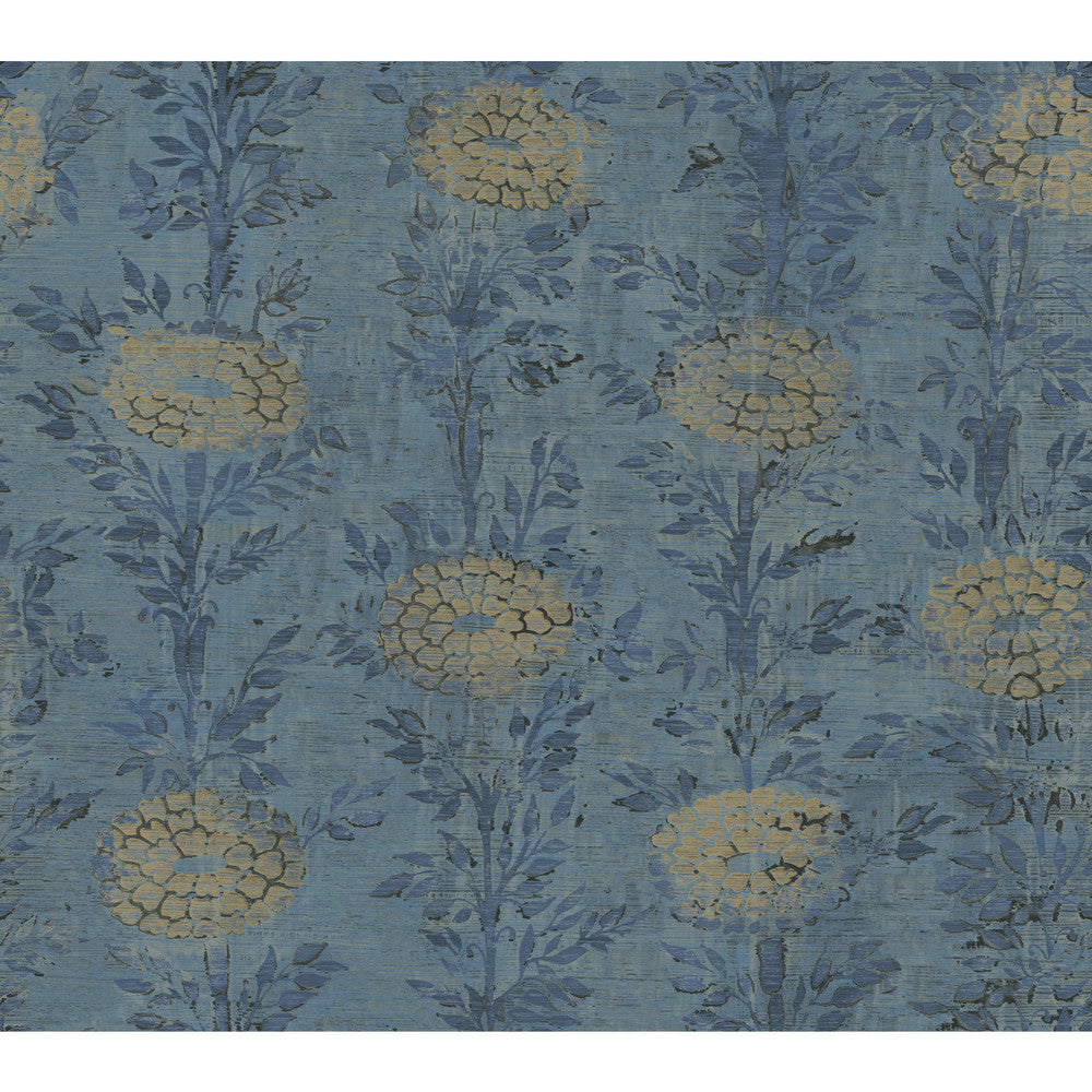 French Marigold Blue & Gold Wallpaper by Ronald Redding Tea Garden Covers about 60.8 square feet 27-in by 27-ft long roll Unpasted 24 - Fabric Carolina -