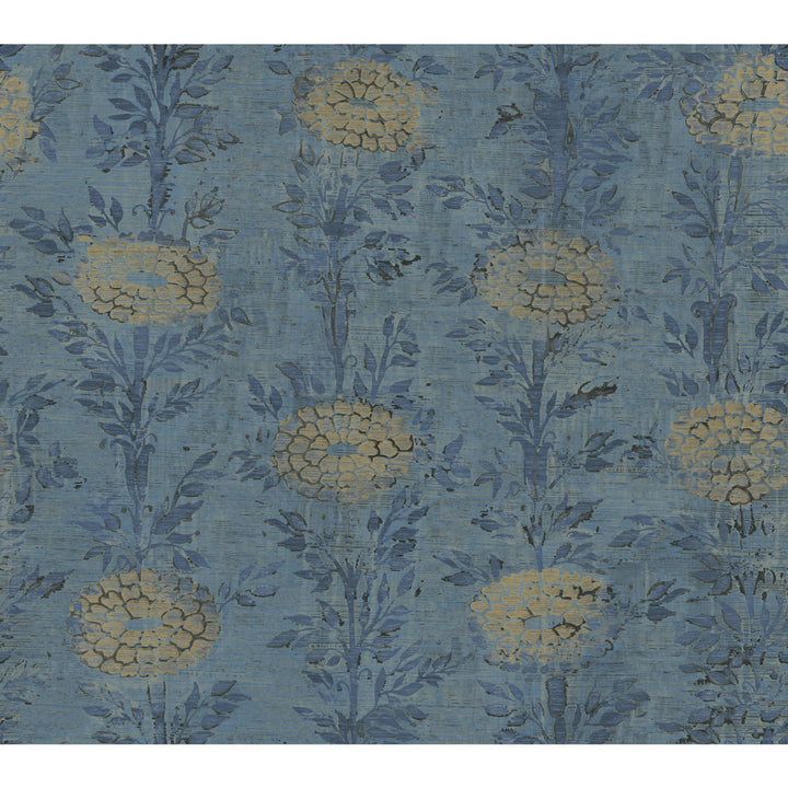 French Marigold Blue & Gold Wallpaper by Ronald Redding Tea Garden Covers about 60.8 square feet 27-in by 27-ft long roll Unpasted 24 - Fabric Carolina -
