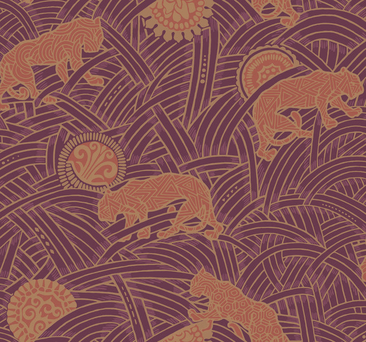 Tibetan Tigers Orange & Gold Wallpaper by Ronald Redding Tea Garden Covers about 60.8 square feet 27-in by 27-ft long roll Unpasted 25.25 - Fabric Carolina -
