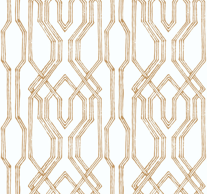 Oriental Lattice White & Gold Wallpaper by Ronald Redding Tea Garden Covers about 60.8 square feet 27-in by 27-ft long roll Unpasted 25.25 - Fabric Carolina -
