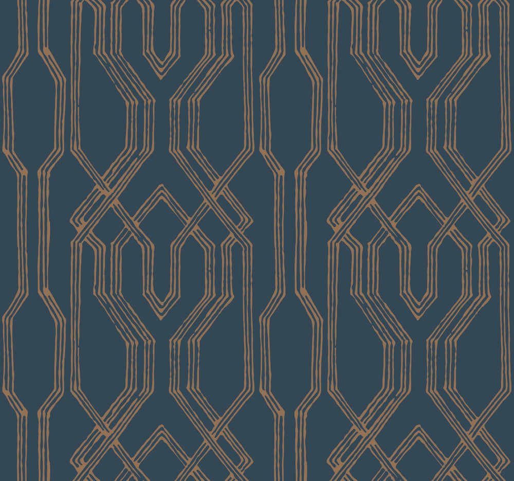Oriental Lattice Blue & Gold Wallpaper by Ronald Redding Tea Garden Covers about 60.8 square feet 27-in by 27-ft long roll Unpasted 25.25 - Fabric Carolina -