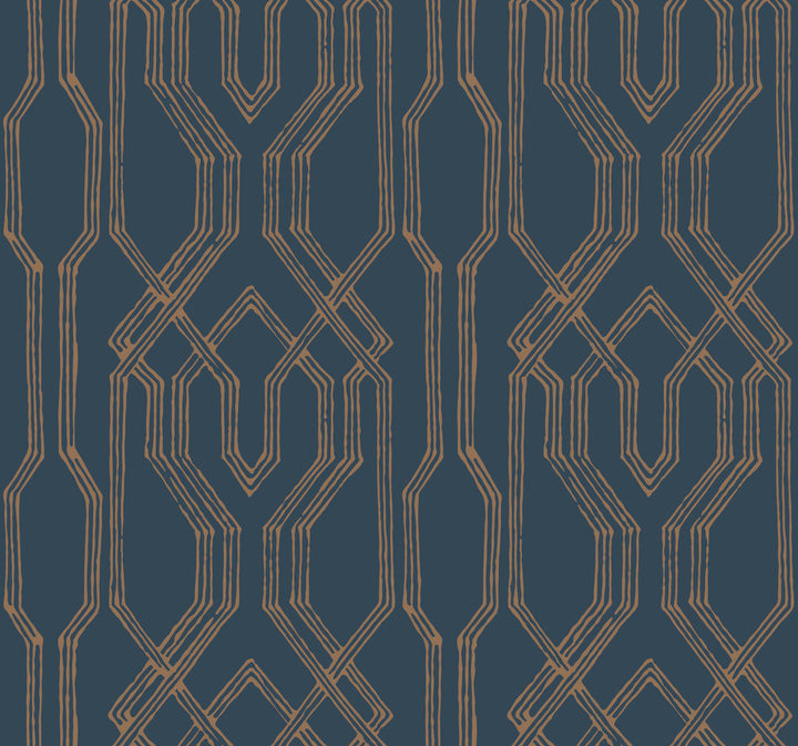 Oriental Lattice Blue & Gold Wallpaper by Ronald Redding Tea Garden Covers about 60.8 square feet 27-in by 27-ft long roll Unpasted 25.25 - Fabric Carolina -