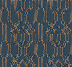 Oriental Lattice Blue & Gold Wallpaper by Ronald Redding