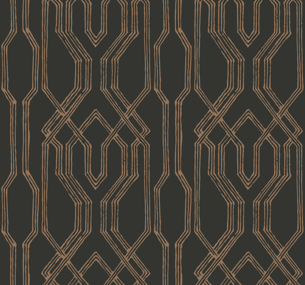 Oriental Lattice Black & Gold Wallpaper by Ronald Redding Tea Garden Covers about 60.8 square feet 27-in by 27-ft long roll Unpasted 25.25 - Fabric Carolina -