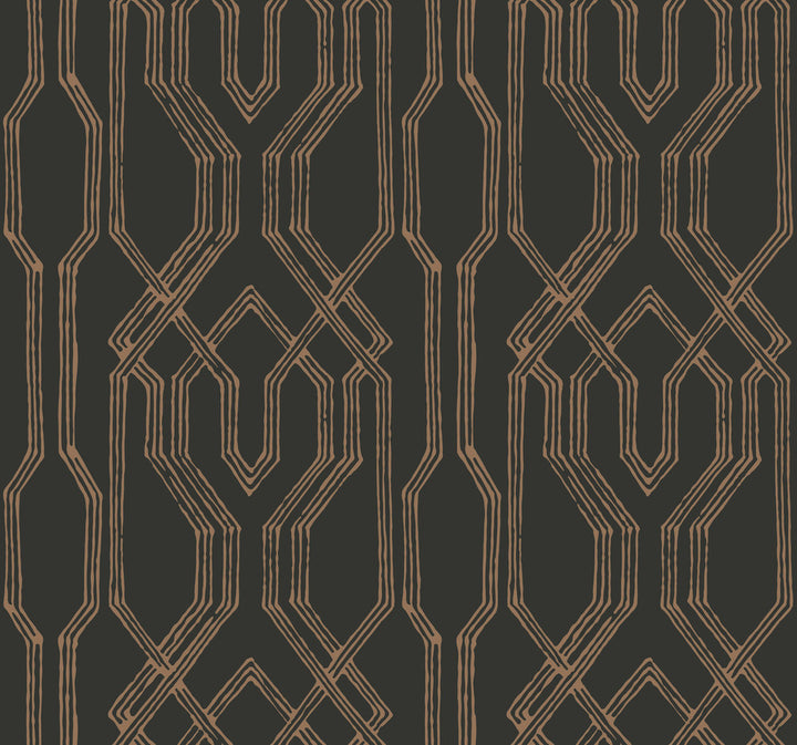 Oriental Lattice Black & Gold Wallpaper by Ronald Redding Tea Garden Covers about 60.8 square feet 27-in by 27-ft long roll Unpasted 25.25 - Fabric Carolina -