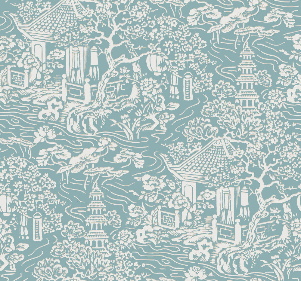 Chinoiserie Blue & Green Wallpaper by Ronald Redding Tea Garden Covers about 60.8 square feet 27-in by 27-ft long roll Unpasted 25.25 - Fabric Carolina -
