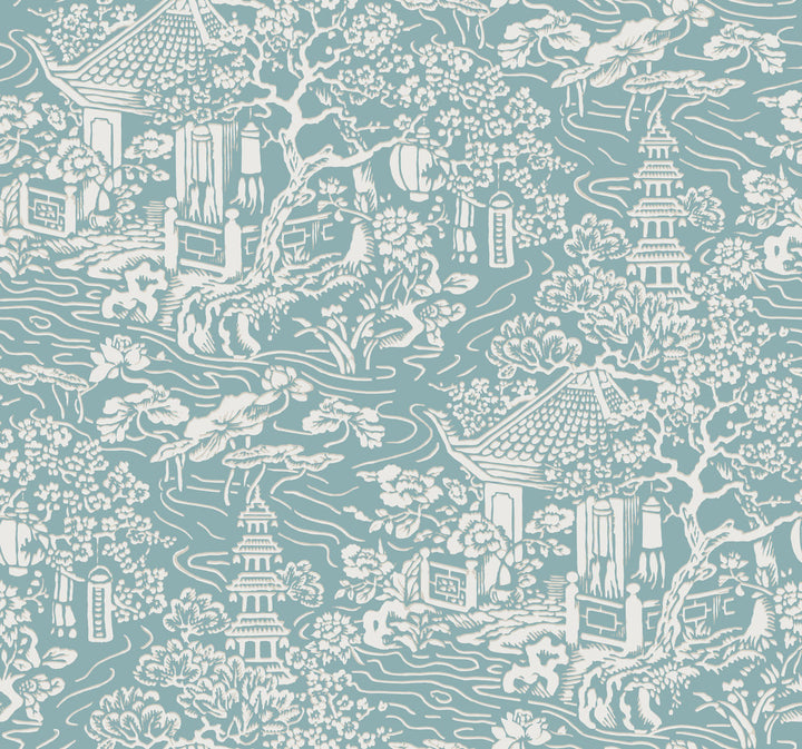 Chinoiserie Blue & Green Wallpaper by Ronald Redding Tea Garden Covers about 60.8 square feet 27-in by 27-ft long roll Unpasted 25.25 - Fabric Carolina -