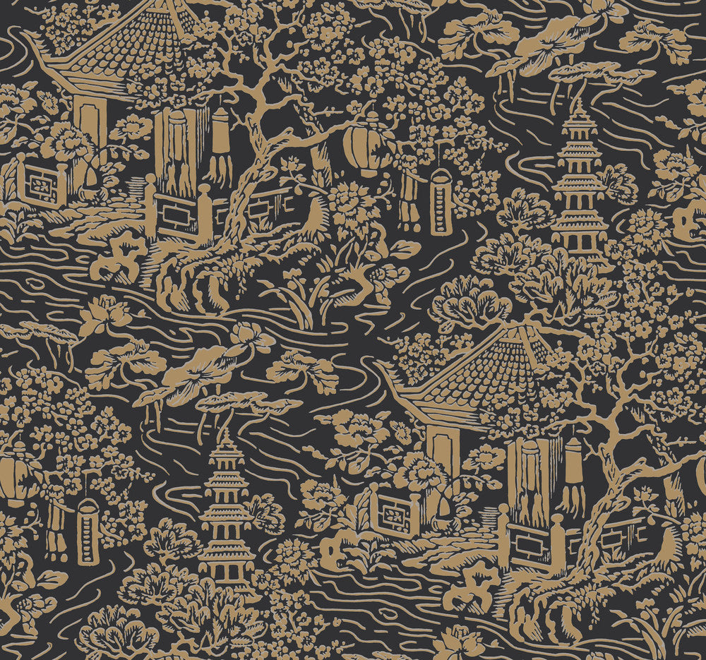 Chinoiserie Black & Gold Wallpaper by Ronald Redding Tea Garden Covers about 60.8 square feet 27-in by 27-ft long roll Unpasted 25.25 - Fabric Carolina -