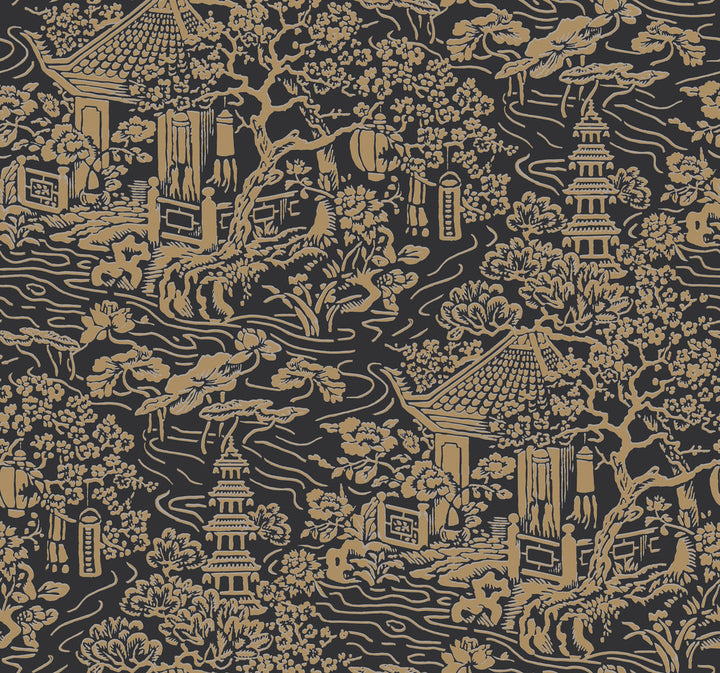 Chinoiserie Black & Gold Wallpaper by Ronald Redding Tea Garden Covers about 60.8 square feet 27-in by 27-ft long roll Unpasted 25.25 - Fabric Carolina -