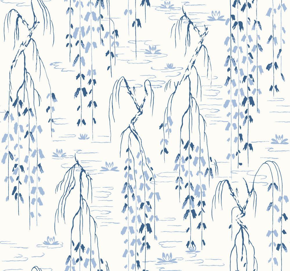 Willow Branches White & Blue Wallpaper by Ronald Redding Tea Garden Covers about 60.8 square feet 27-in by 27-ft long roll Unpasted 25.25 - Fabric Carolina -