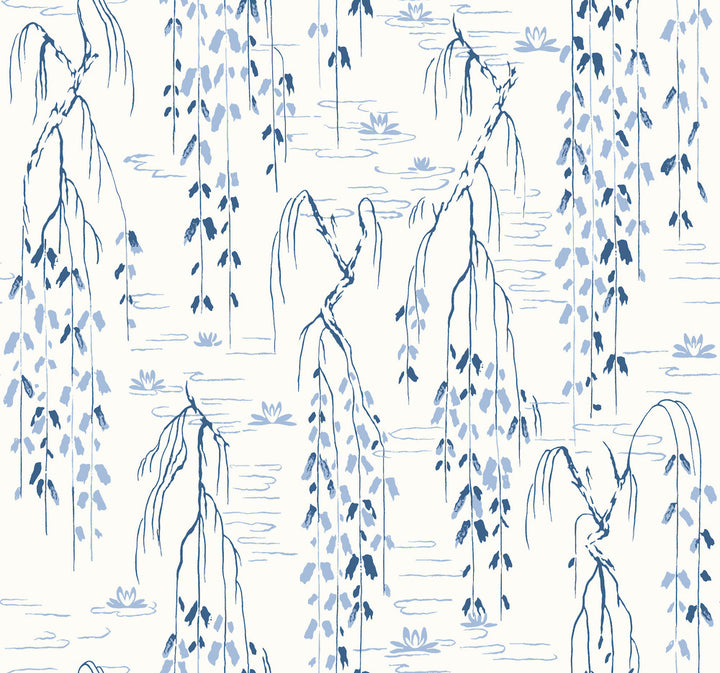 Willow Branches White & Blue Wallpaper by Ronald Redding Tea Garden Covers about 60.8 square feet 27-in by 27-ft long roll Unpasted 25.25 - Fabric Carolina -