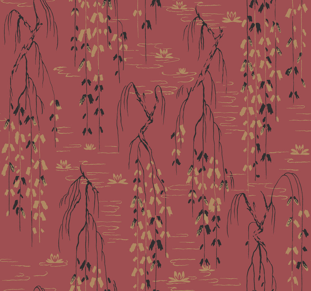 Willow Branches Red & Black Wallpaper by Ronald Redding Tea Garden Covers about 60.8 square feet Unpasted 25.25-in repeat, straight match 27-in by 27-ft long roll - Fabric Carolina -