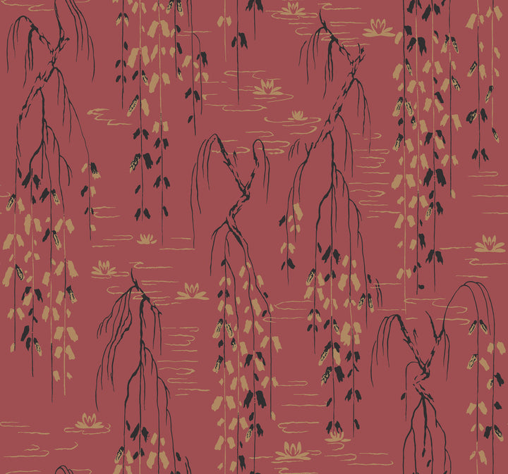 Willow Branches Red & Black Wallpaper by Ronald Redding Tea Garden Covers about 60.8 square feet Unpasted 25.25-in repeat, straight match 27-in by 27-ft long roll - Fabric Carolina -