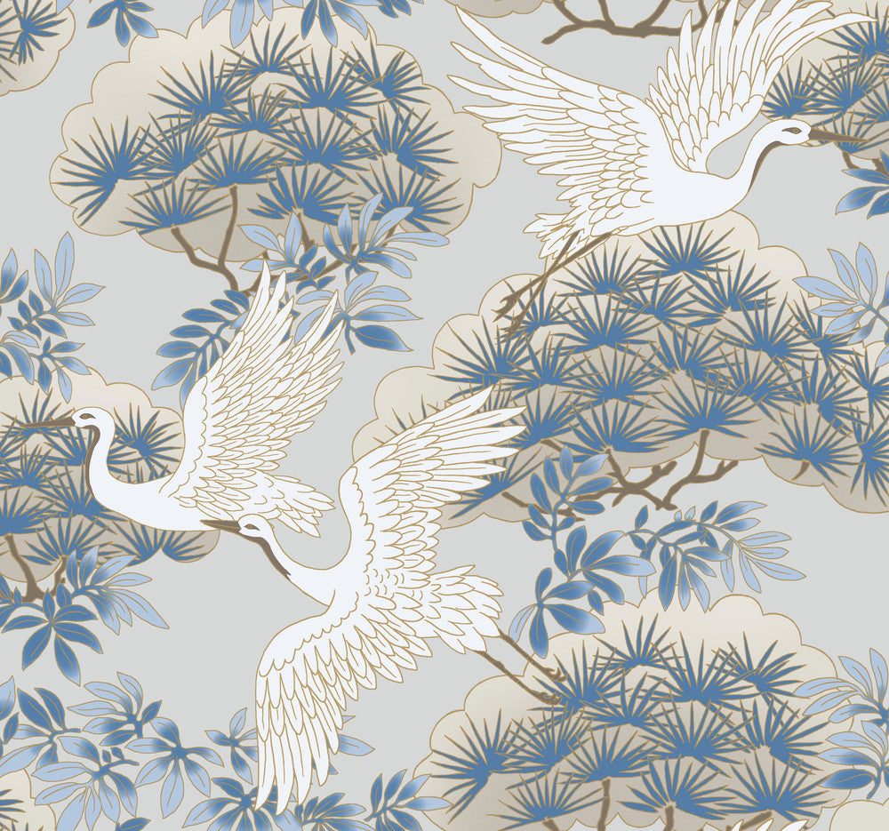 Sprig & Heron Light Blue Wallpaper by Ronald Redding Tea Garden Covers about 60.8 square feet Unpasted 25.25-in repeat, drop match 27-in by 27-ft long roll - Fabric Carolina -
