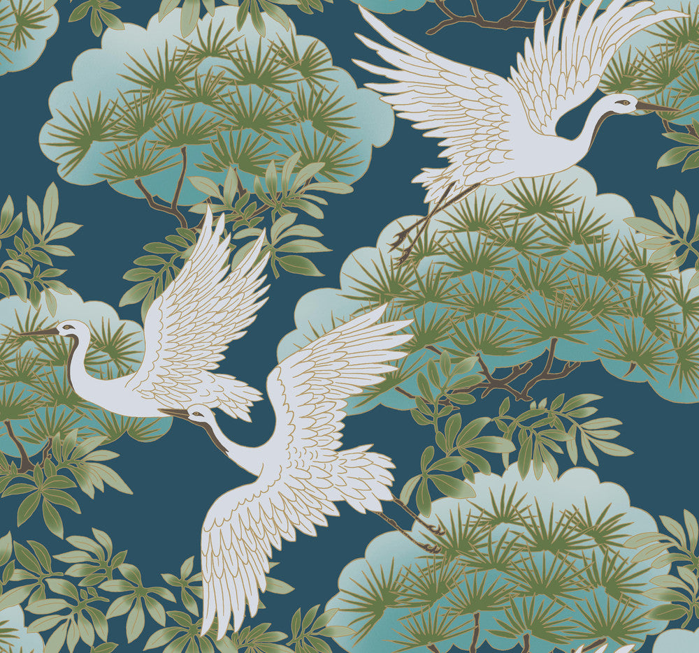 Sprig & Heron Blue Wallpaper by Ronald Redding Tea Garden Covers about 60.8 square feet 27-in by 27-ft long roll Unpasted 25.25 - Fabric Carolina -