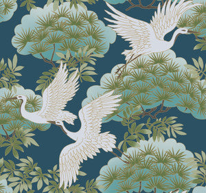 Sprig & Heron Blue Wallpaper by Ronald Redding
