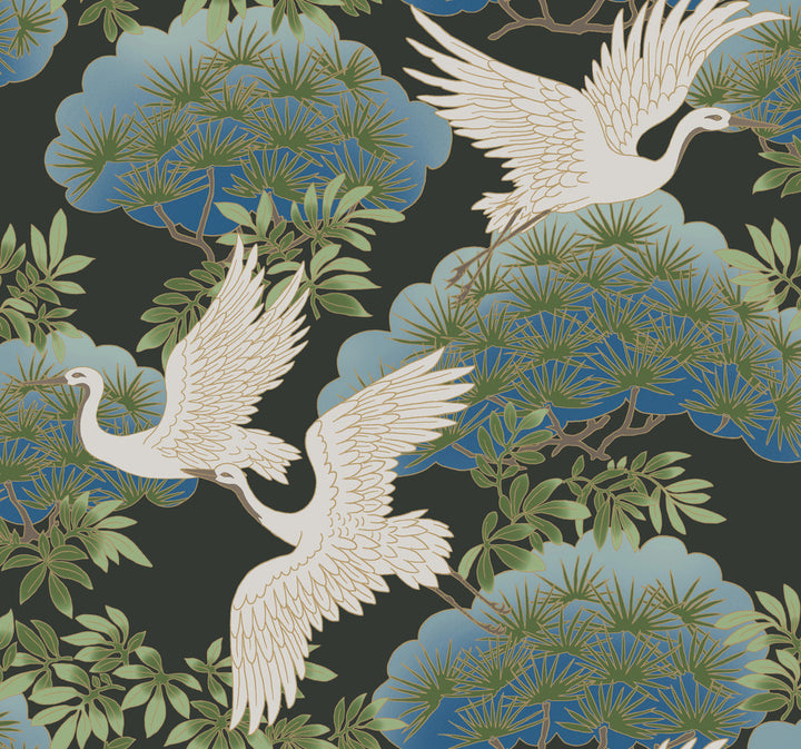 Sprig & Heron Black Wallpaper by Ronald Redding Tea Garden Covers about 60.8 square feet 27-in by 27-ft long roll Unpasted 25.25 - Fabric Carolina -