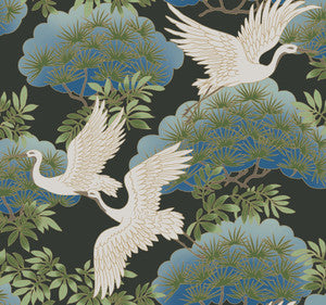 Sprig & Heron Black Wallpaper by Ronald Redding