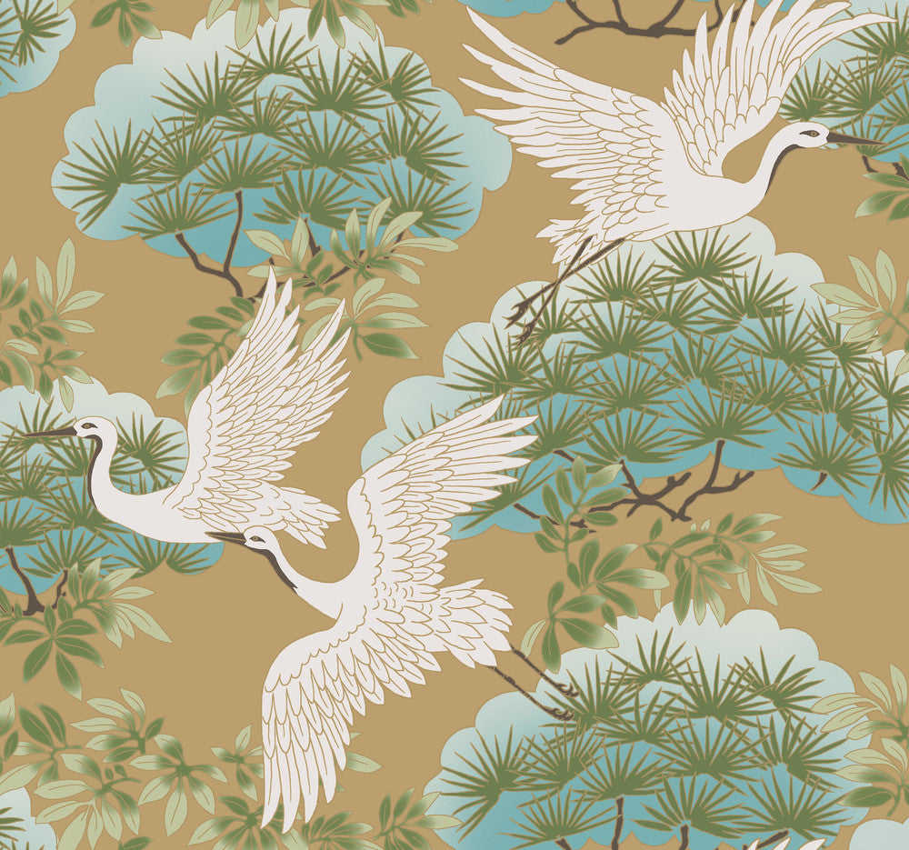 Sprig & Heron Gold Wallpaper by Ronald Redding Tea Garden Covers about 60.8 square feet 27-in by 27-ft long roll Unpasted 25.25 - Fabric Carolina -