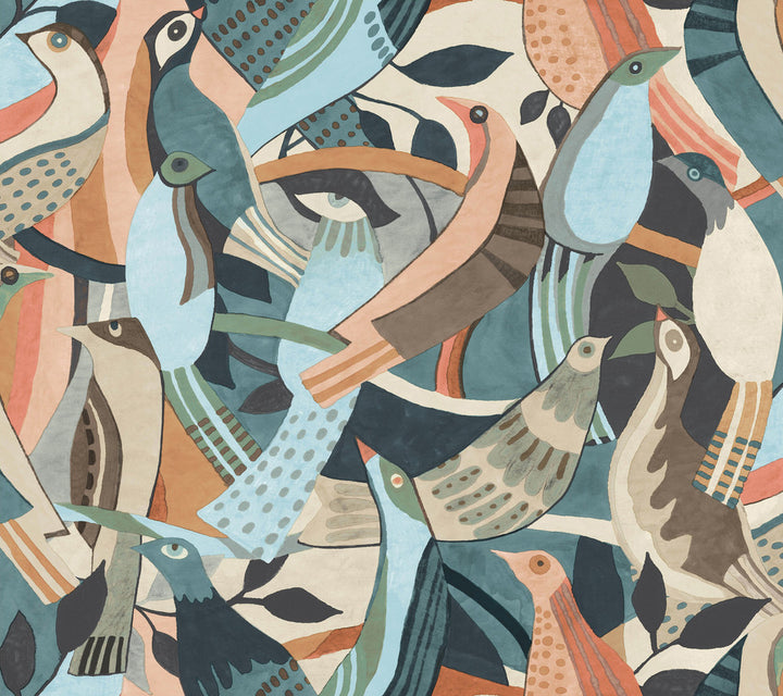Fauvist Flock Coral & Aqua Wallpaper by York Wallcoverings Artistic Abstracts Covers about 60.8 square feet 27-in by 27-ft long roll Unpasted 24 - Fabric Carolina -