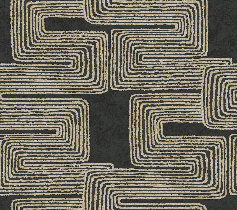 Zulu Thread Black & Gold Wallpaper by York Wallcoverings Artistic Abstracts Covers about 60.8 square feet 27-in by 27-ft long roll Unpasted 24 - Fabric Carolina -