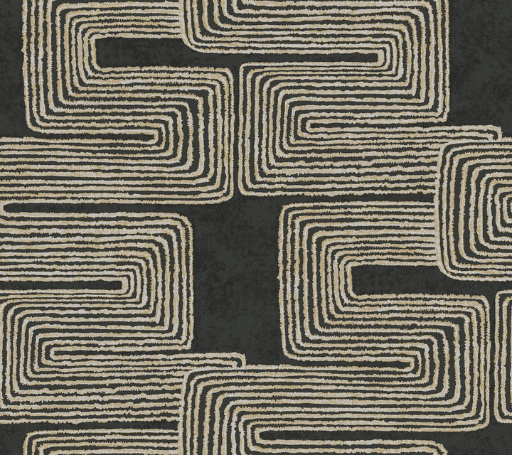 Zulu Thread Black & Gold Wallpaper by York Wallcoverings Artistic Abstracts Covers about 60.8 square feet 27-in by 27-ft long roll Unpasted 24 - Fabric Carolina -
