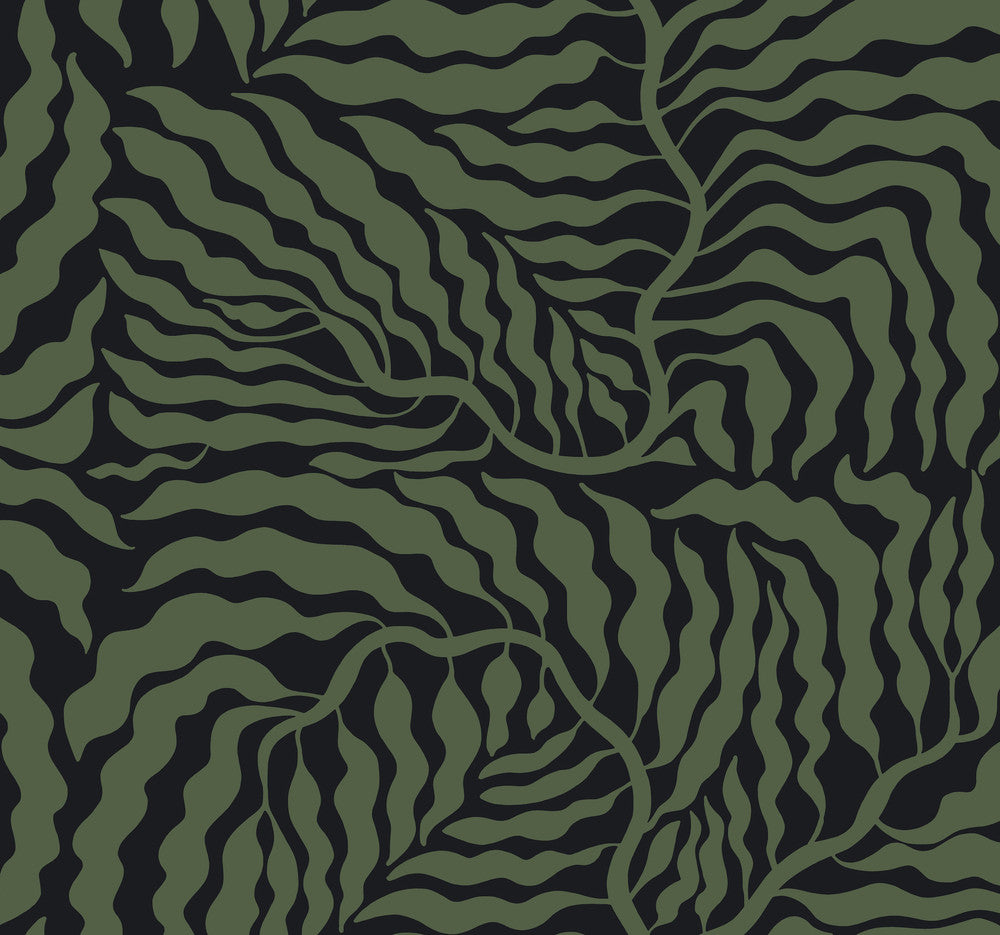 Fern Fronds Black & Green Wallpaper by York Wallcoverings Artistic Abstracts Covers about 60.8 square feet 27-in by 27-ft long roll Unpasted 25.25 - Fabric Carolina -
