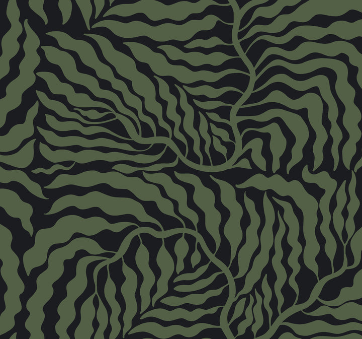 Fern Fronds Black & Green Wallpaper by York Wallcoverings Artistic Abstracts Covers about 60.8 square feet 27-in by 27-ft long roll Unpasted 25.25 - Fabric Carolina -