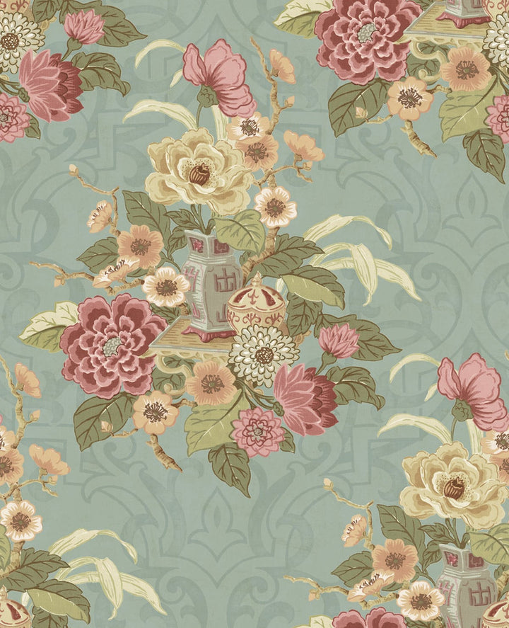 Dynasty Floral Metallic Blue Mist by Seabrook Wallpaper Koi United States 56.05 25.2" 20.5" - Fabric Carolina -