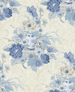 Dynasty Floral Metallic Linen and Blue by Seabrook Wallpaper