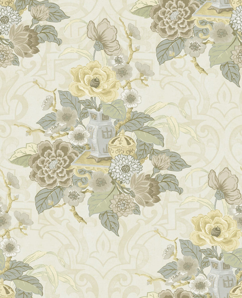 Dynasty Floral Metallic Pearl by Seabrook Wallpaper Koi United States 56.05 25.2" 20.5" - Fabric Carolina -