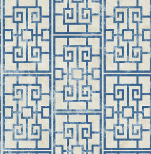 Dynasty Lattice Metallic Pearl and Azure Blue by Seabrook Wallpaper
