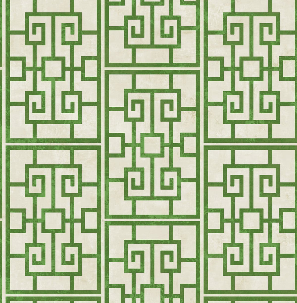 Dynasty Lattice Metallic Pearl and Emerald Green by Seabrook Wallpaper Koi United States 56.05 20.87" 20.5" - Fabric Carolina -