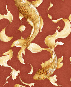 Koi Fish Metallic Gold and Crimson by Seabrook Wallpaper