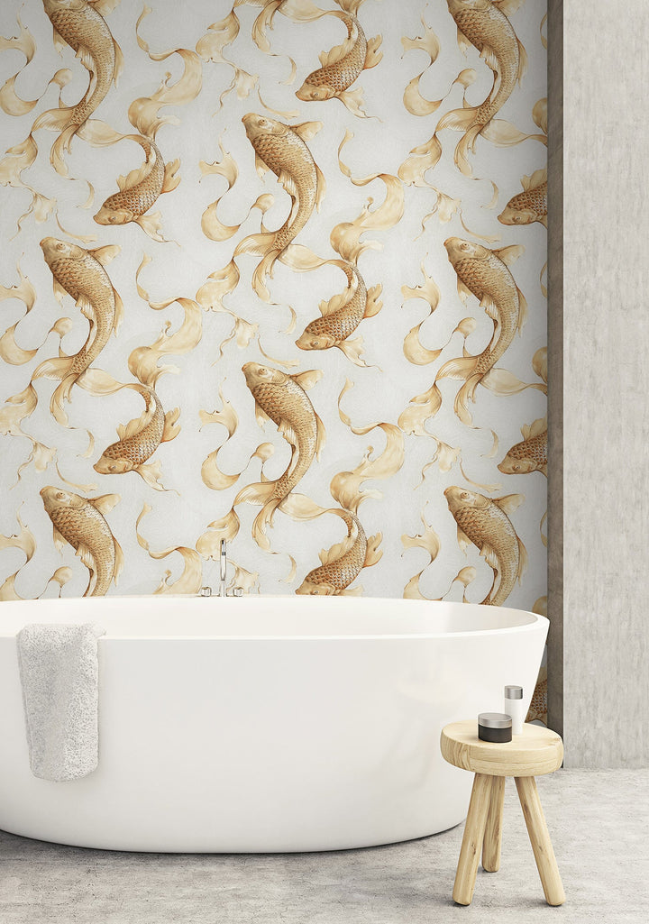 Koi Fish Metallic Gold and Off-White AI40610 by Seabrook Designs Designer Wallpaper